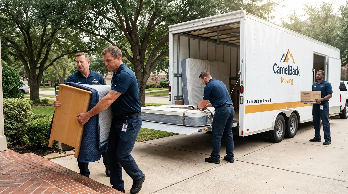 Crew loading residential truck for cross-state move from Iola, WI