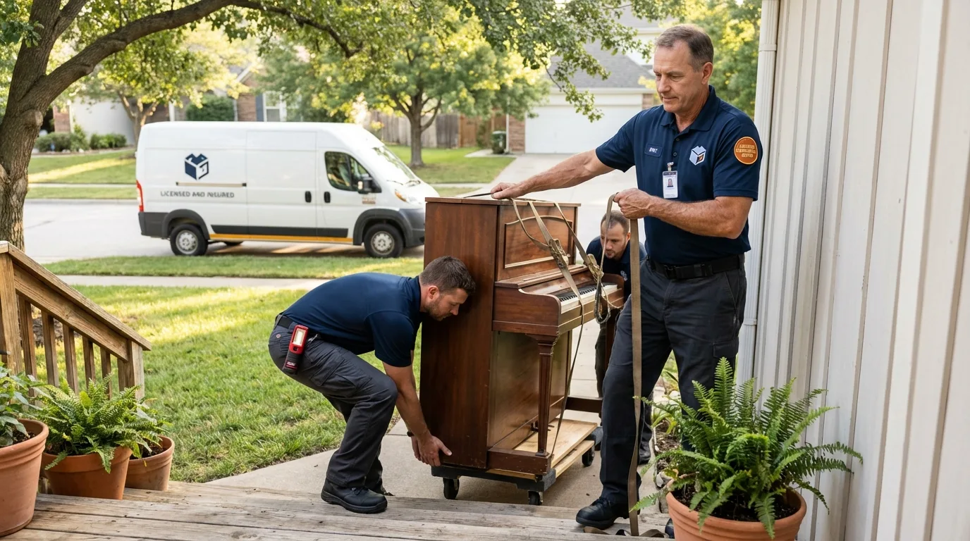 Licensed piano movers securing grand piano in Iola, WI