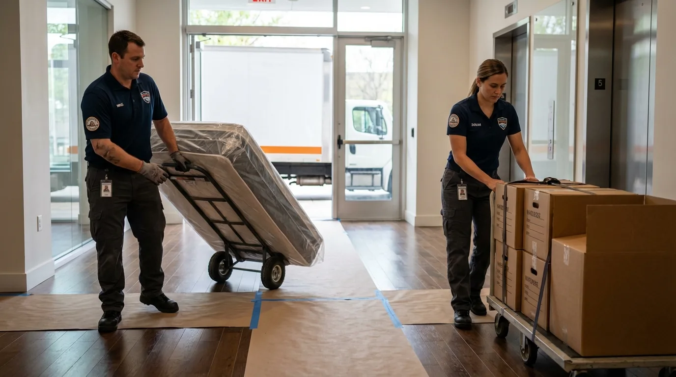 Professional apartment movers loading elevator in Iola, WI